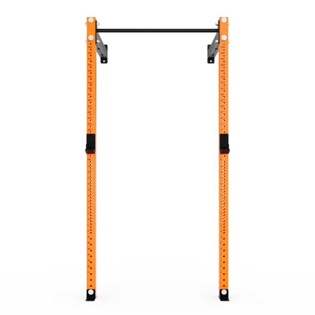 Tellus Fitness 3 x 3 inch Wall Mounted Fold-in Power Cage Squat Rack with Adjustable Pull Up Bar and J Hooks