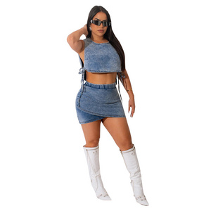 2023 Women Clothes Ladies Sexy Sleeveless Bandage Denim Vest Short Skirt Stretch Two-Piece Sexy Set Club Wear Denim Dress