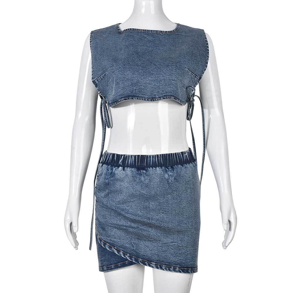 2023 Women Clothes Ladies Sexy Sleeveless Bandage Denim Vest Short Skirt Stretch Two-Piece Sexy Set Club Wear Denim Dress