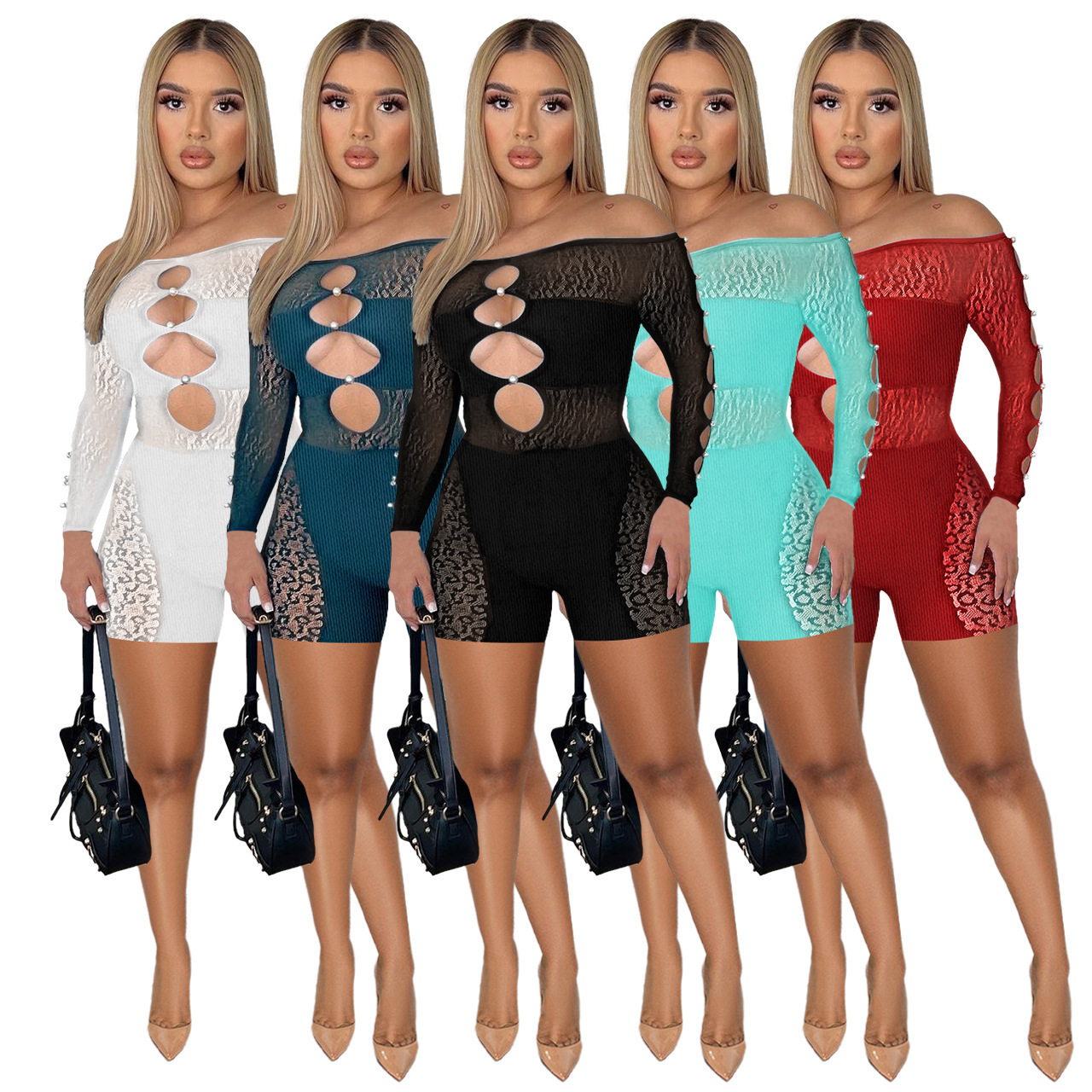 New Sexy Jumpsuit Hollow out Pearl Buckle Off  Shoulder Mesh One Piece Jumpsuit Long Sleeve Short Jumpsuits For Women 2023