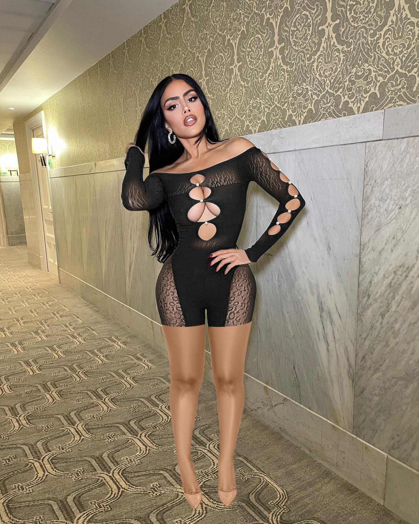 New Sexy Jumpsuit Hollow out Pearl Buckle Off  Shoulder Mesh One Piece Jumpsuit Long Sleeve Short Jumpsuits For Women 2023