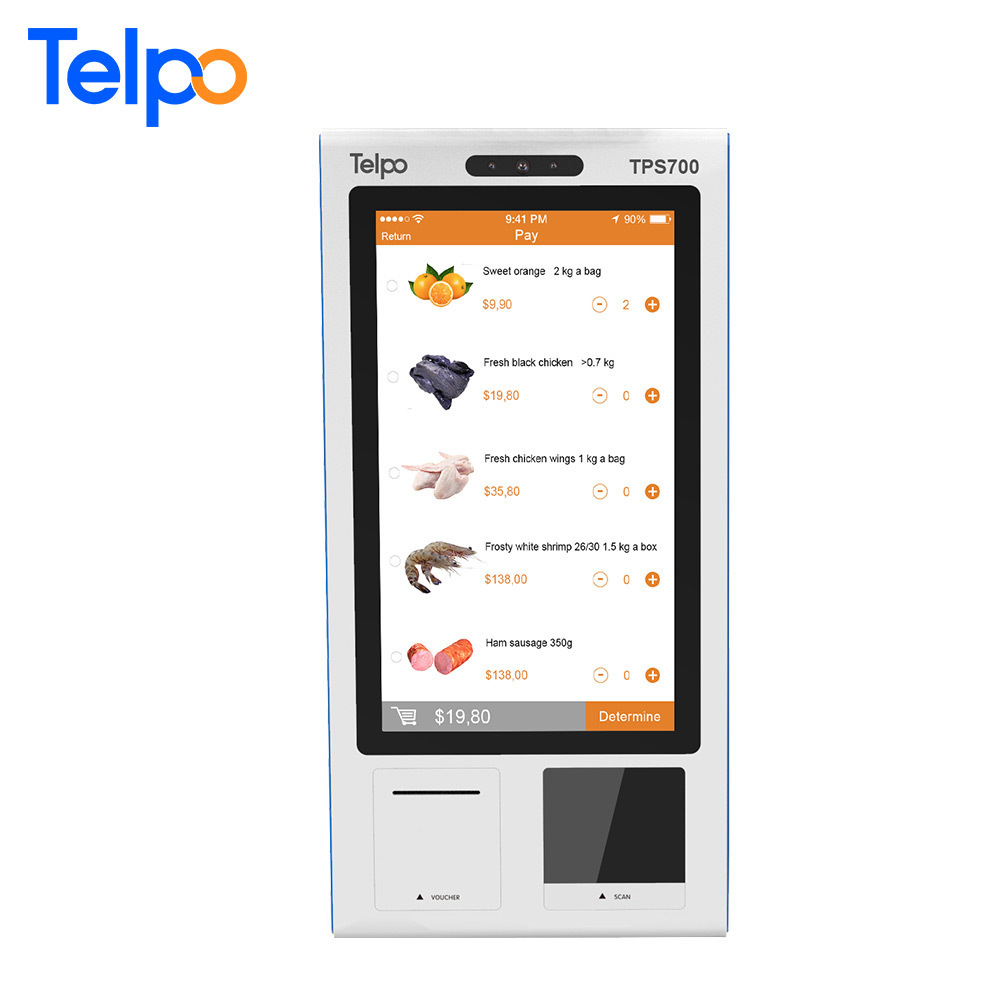 Telpo ticket dispenser machine checkout pos kiosk for supermarket with barcode/qr code scanner