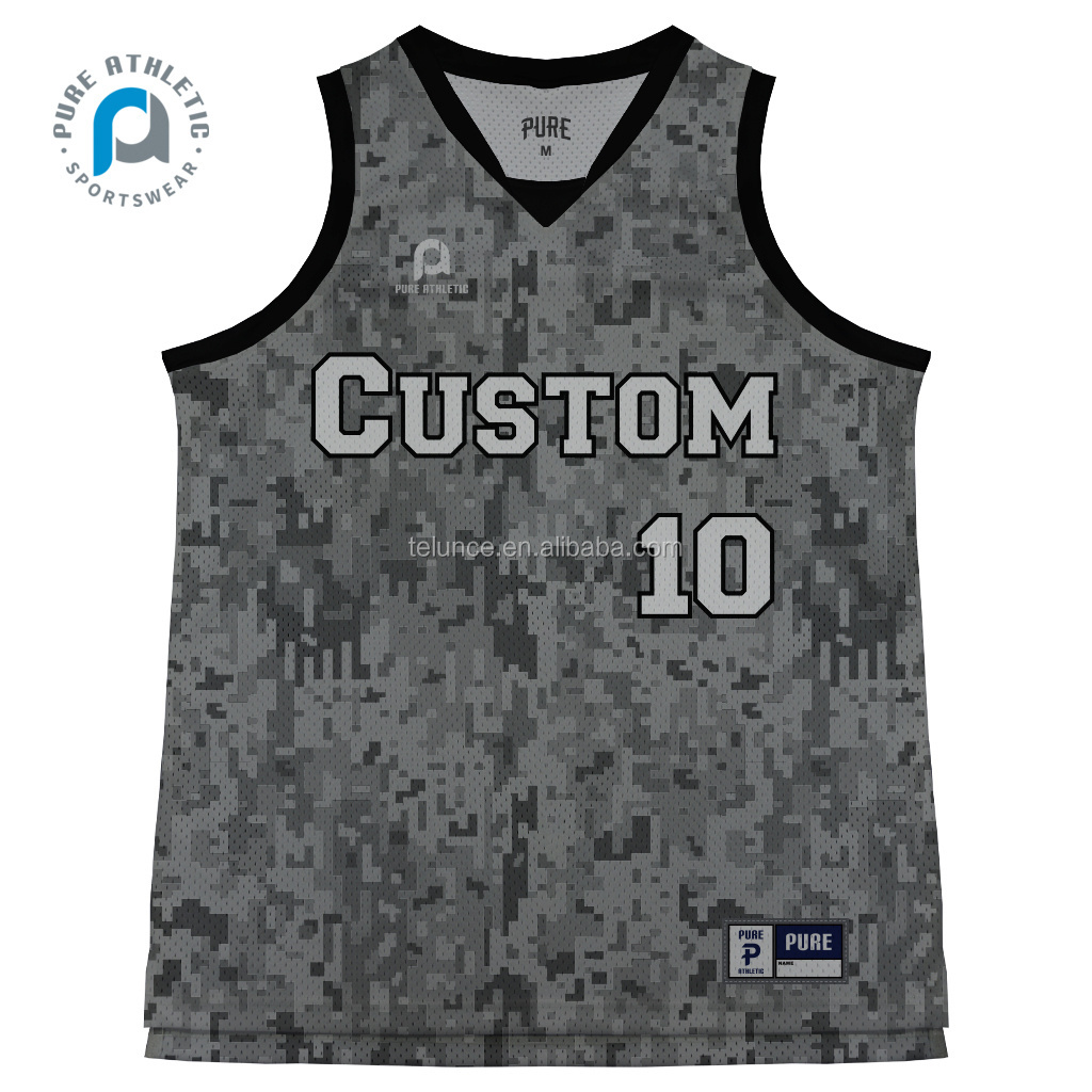 Pure custom Mesh Mens shirt sublimation uniform Sports team wear wholesale digital camo design color basketball jerseys gray