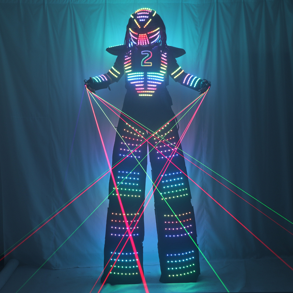 Full Color Smart Pixels LED Robot Suit Light up Stilts Walker Clothing with Luminous Jacket Chest Display Helmet Laser Gloves