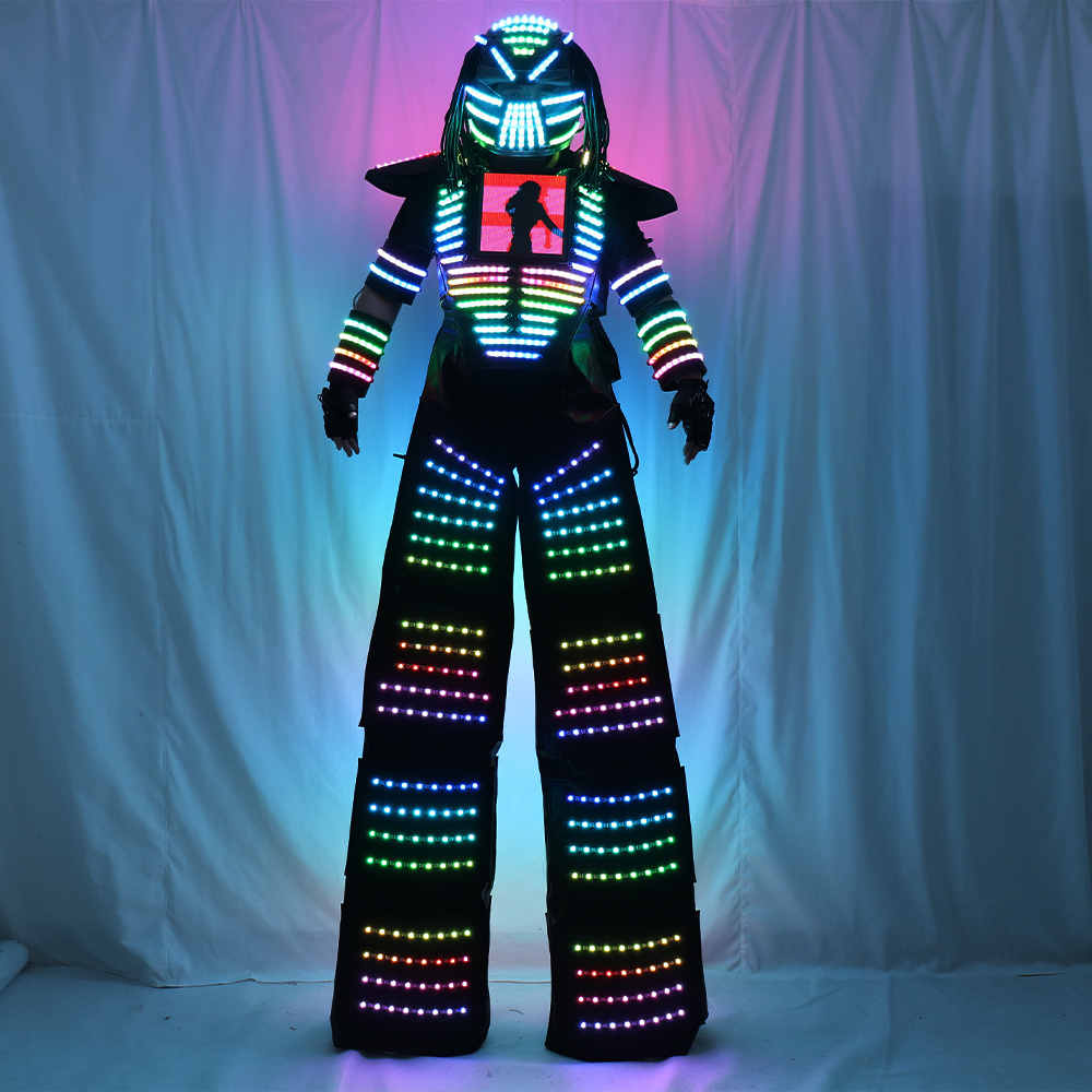 Full Color Smart Pixels LED Robot Suit Light up Stilts Walker Clothing with Luminous Jacket Chest Display Helmet Laser Gloves