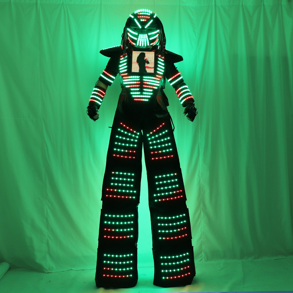 Full Color Smart Pixels LED Robot Suit Light up Stilts Walker Clothing with Luminous Jacket Chest Display Helmet Laser Gloves