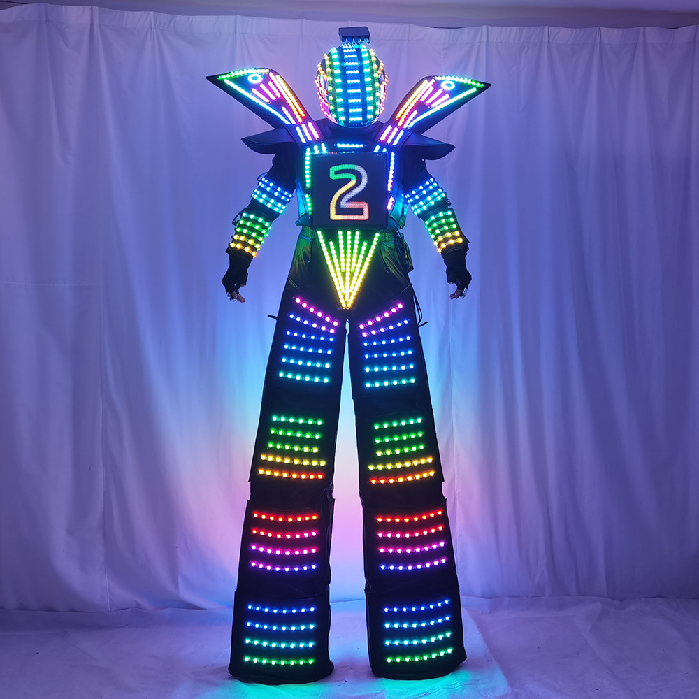 Adult LED Robot Costume Stilt Walking Luminous Suit Jacket with Chest Display Helmet Laser Gloves Ballroom Performance Wear