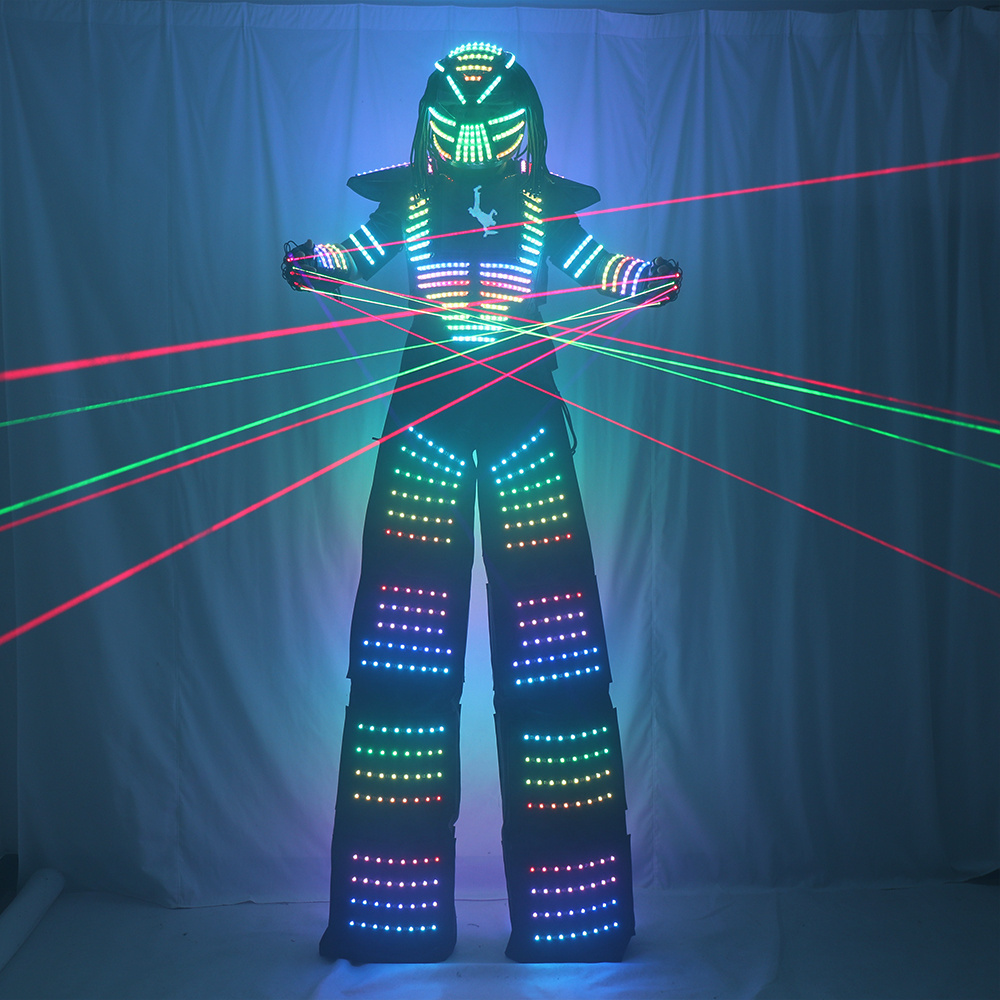 Full Color Smart Pixels LED Robot Suit Light up Stilts Walker Clothing with Luminous Jacket Chest Display Helmet Laser Gloves