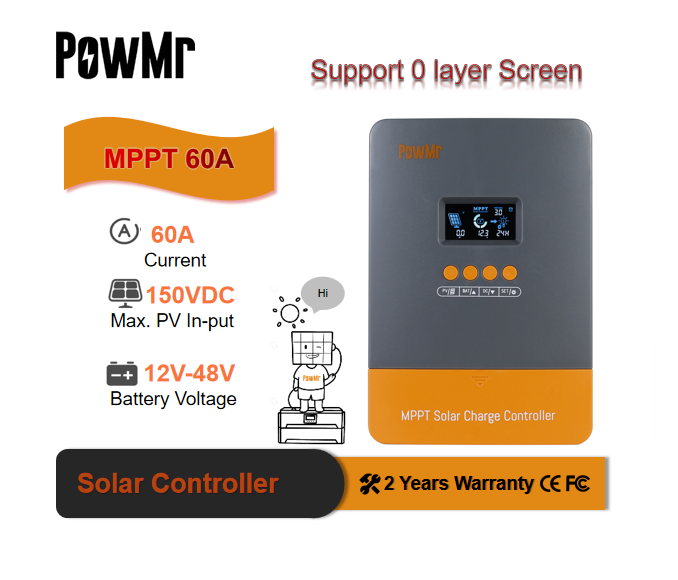 PowMr 60A MPPT Regulator 12V/24V/36V/48V Solar Panel Max PV Input 150V Solar Charge controller