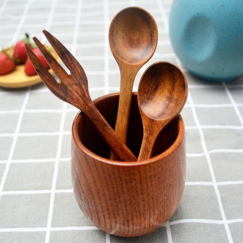 Custom Japanese small mini long handle mixing acacia wood wooden spoon and fork