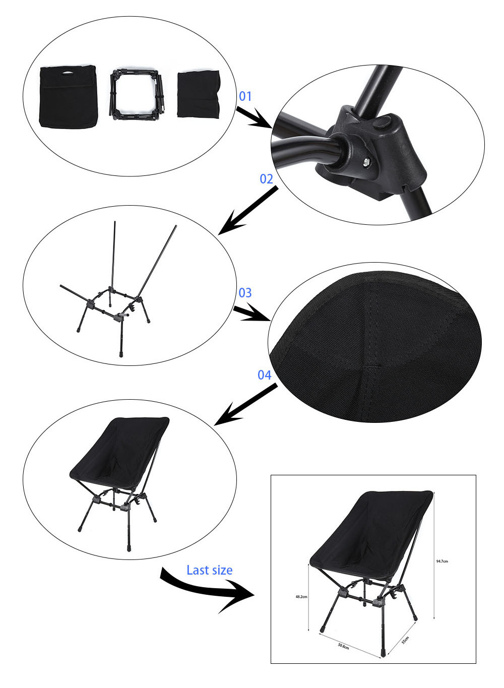 Ultralight Black Folding Camping Chair Adjustable Seat Height Outdoor Portable Chair