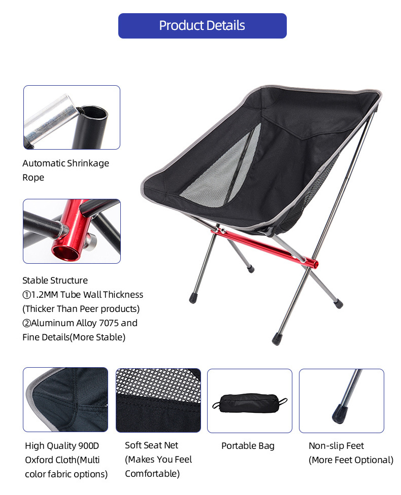 Hot Selling Outdoor Black Beach Camping Chair Portable Fishing Moon Chairs With Low Back