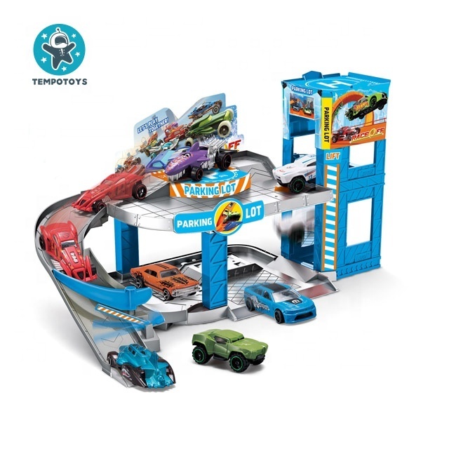 Tempo Toys Wheel Tracks Play sets Kid DIY Parking Lot With 3 Alloy Cars Children Track Toys