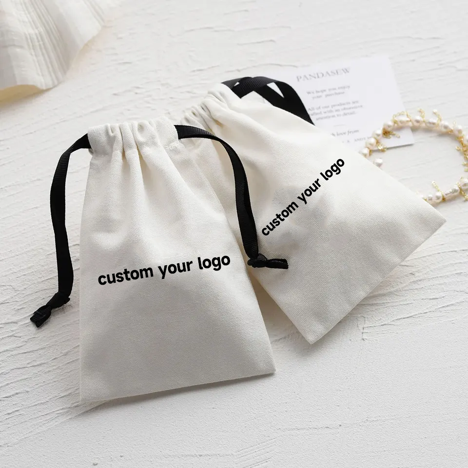 100 Pieces Canvas Cotton Dust Bag Custom Logo Jewelry Packaging Drawstring Pouch With Ribbon Dusty Bag Gift Bag