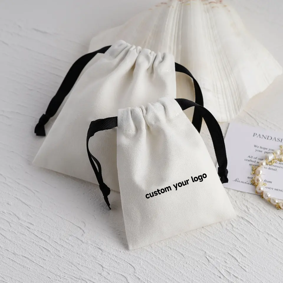 100 Pieces Canvas Cotton Dust Bag Custom Logo Jewelry Packaging Drawstring Pouch With Ribbon Dusty Bag Gift Bag