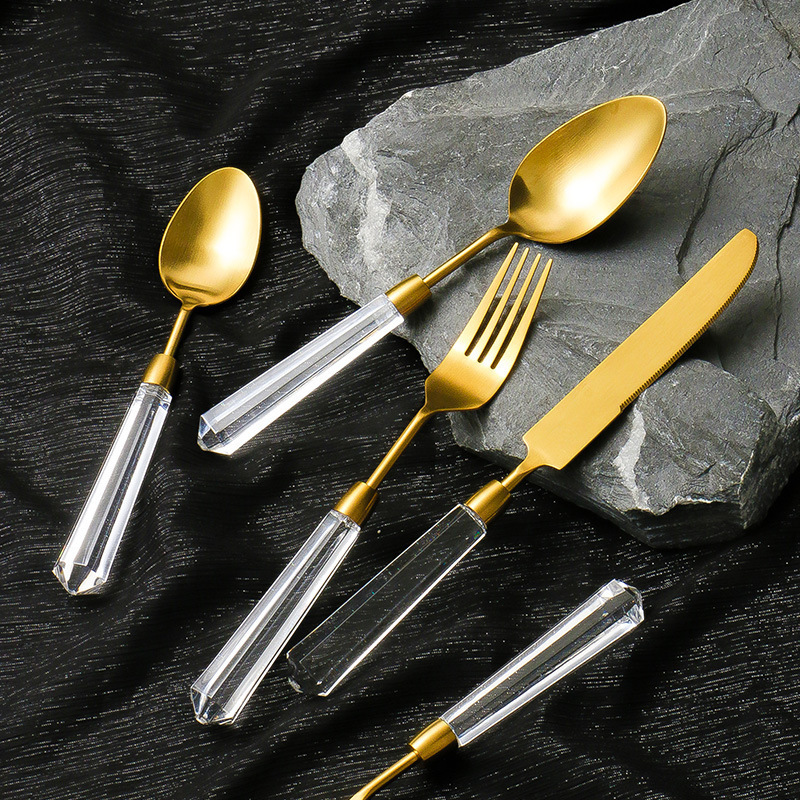 Tableware Faceted Flatware In Lucite Clear Flatware With Gold Marble Flatware Set