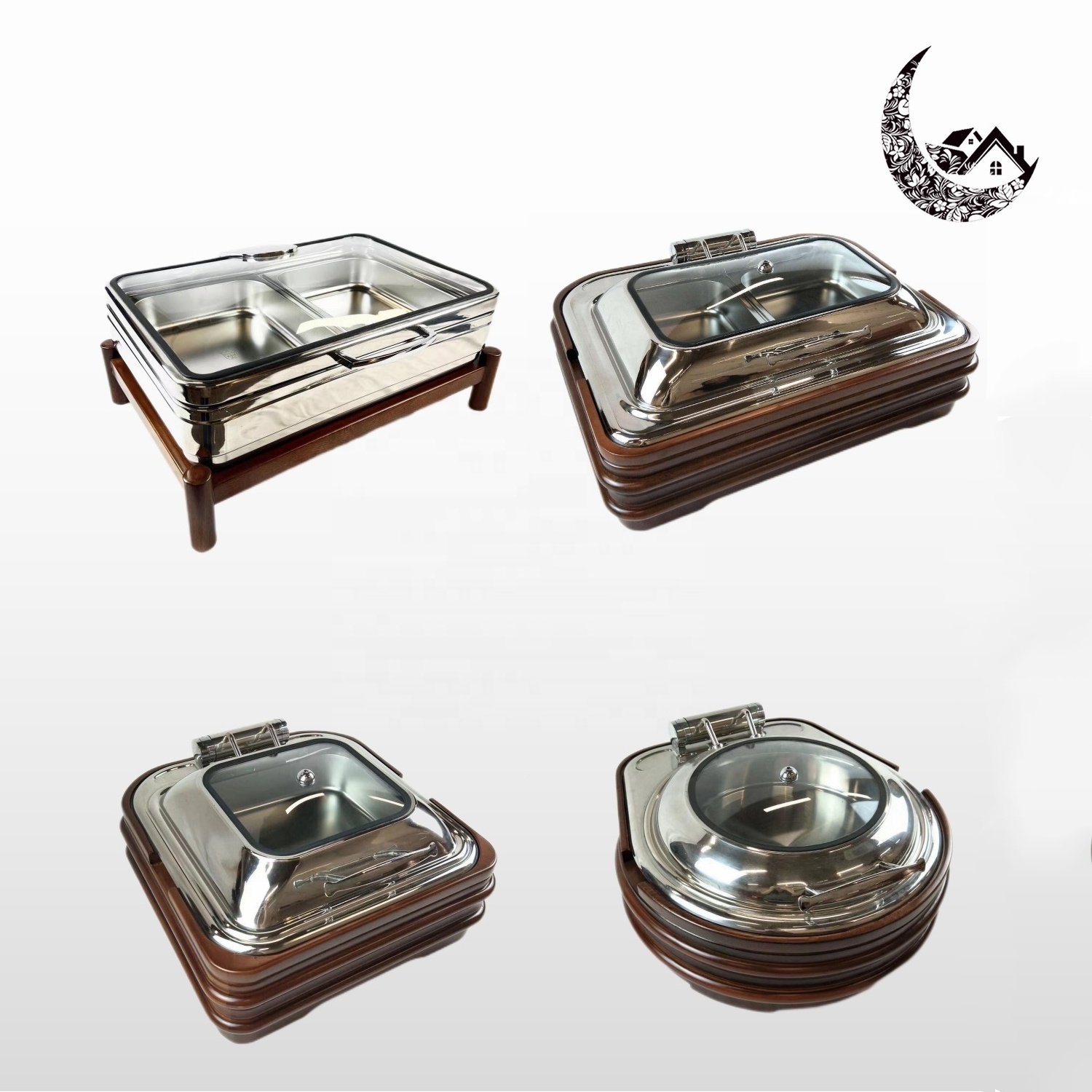 Hot buffet server wooden stand stainless steel visual oval chafing dish for hotel & restaurant