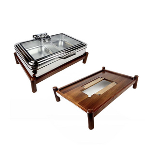 Hot buffet server wooden stand stainless steel visual oval chafing dish for hotel & restaurant