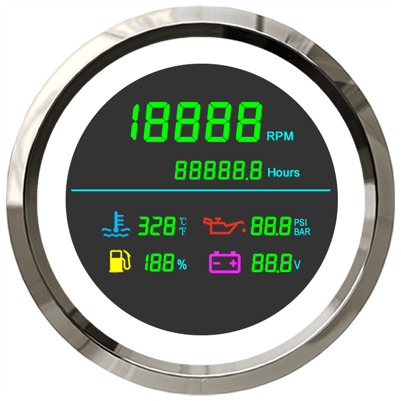 85mm LCD Six-in-One Multi function Gauge Tachometer Hour Meter Water Temperature Oil Pressure Fuel Gauge Voltmeter