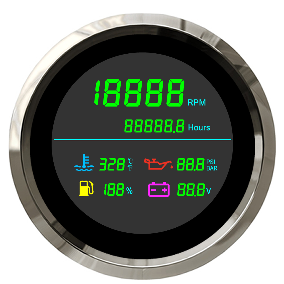 85mm LCD Six-in-One Multi function Gauge Tachometer Hour Meter Water Temperature Oil Pressure Fuel Gauge Voltmeter