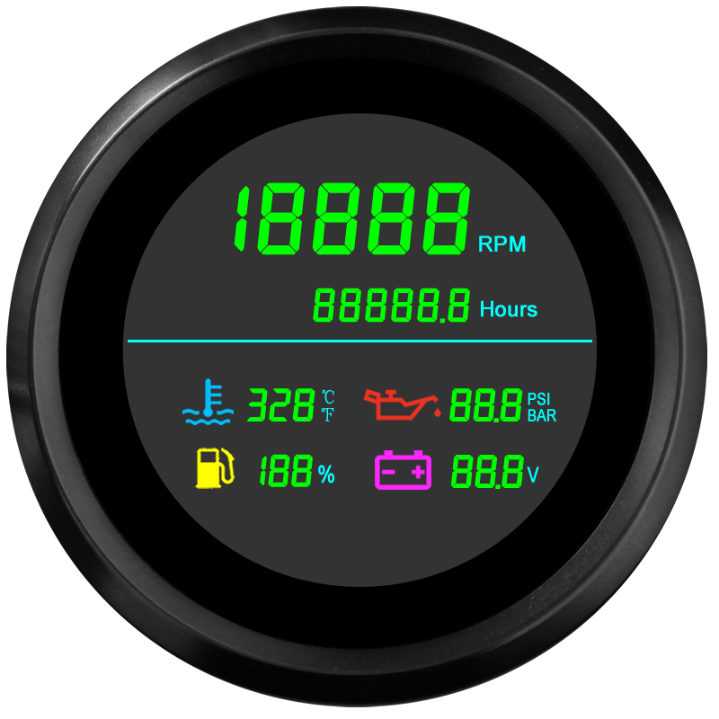 85mm LCD Six-in-One Multi function Gauge Tachometer Hour Meter Water Temperature Oil Pressure Fuel Gauge Voltmeter