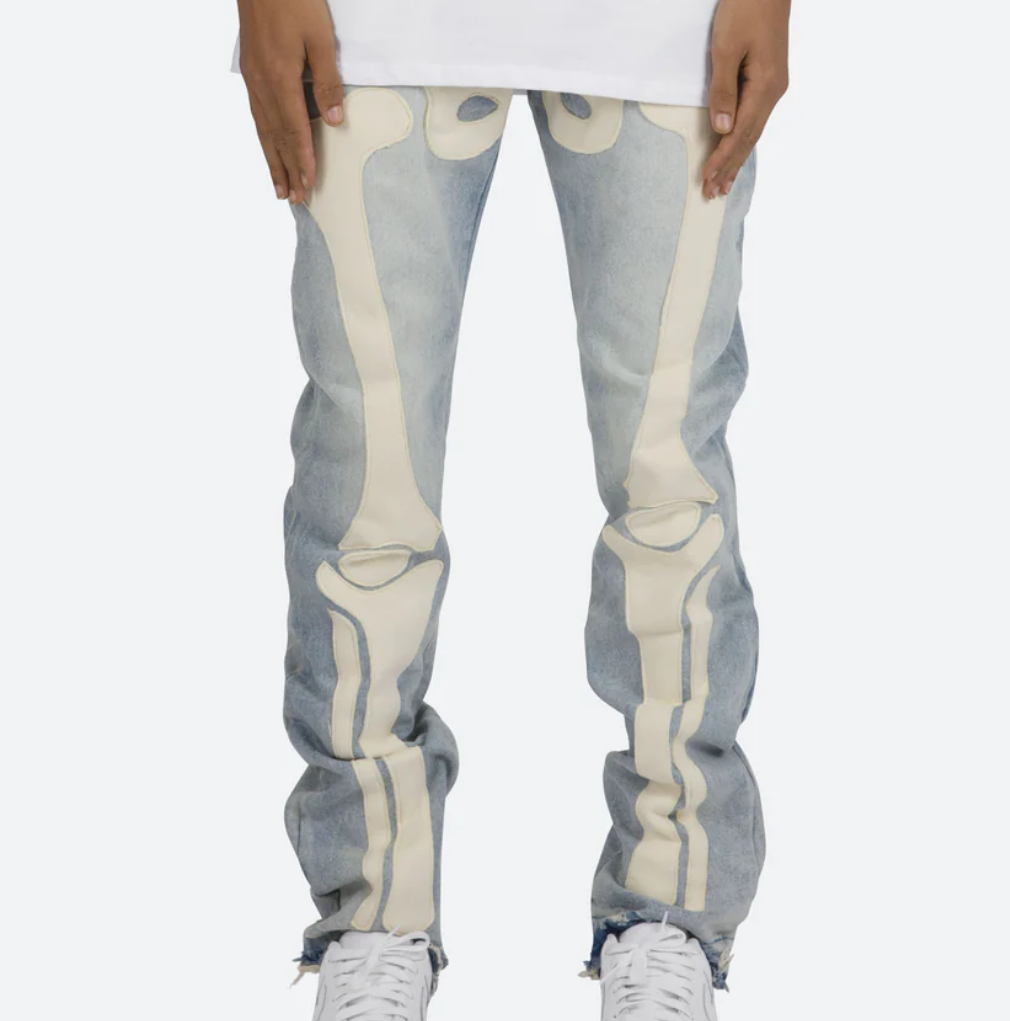 Street wear 100% cotton printed flared pants high quality slim fit skeleton flare denim jeans pants