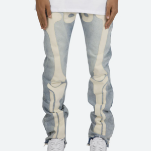 Street wear 100% cotton printed flared pants high quality slim fit skeleton flare denim jeans pants