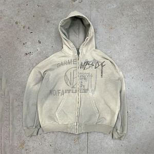 Custom Logo Zipper Hoodie Jacket Cotton French Sweatshirts Blank Vintage Acid Wash Distressed Custom With Zipper Hoodie For Men