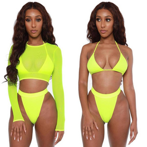 3 Piece Custom Bathing Suit Women Mesh Sexy Bikini 2020 Long Sleeve Swimwear  High Waist Swimsuit