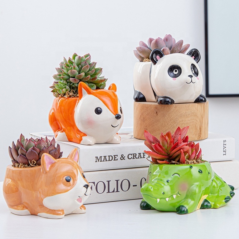 Home Garden Bonsai Cute Mini Small Cartoon Animal Set Succulent Planter Ceramic Flower Pot Plant Pots Indoor Decoration