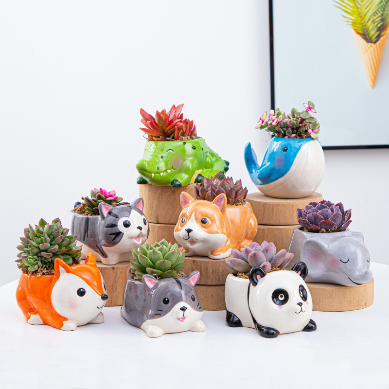 Home Garden Bonsai Cute Mini Small Cartoon Animal Set Succulent Planter Ceramic Flower Pot Plant Pots Indoor Decoration