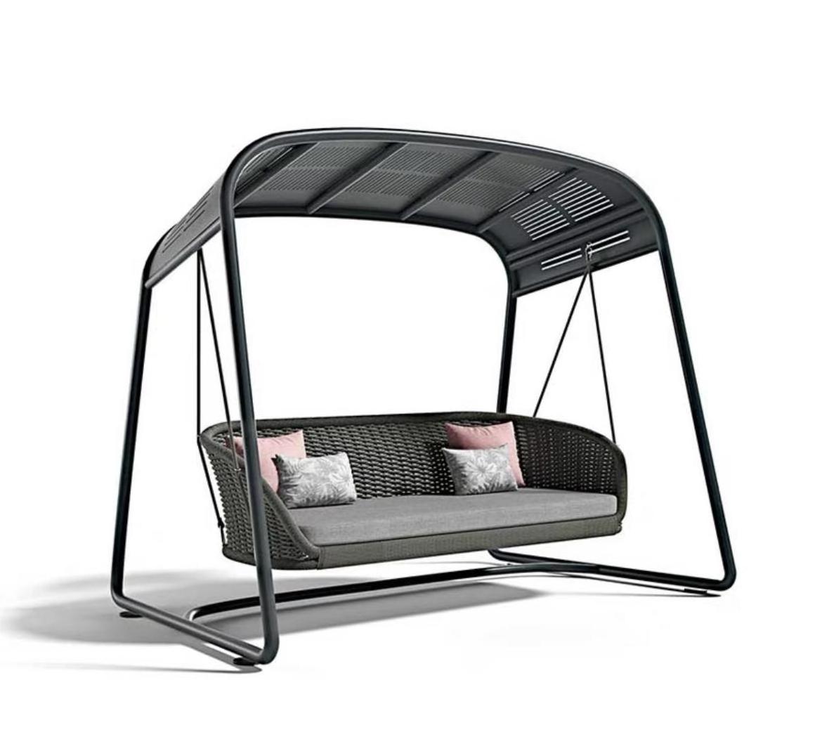 Garden Swing Chair 3 Seats Outdoor Swing with Strip Cushion Outdoor Aluminum Stripe Swing Chair