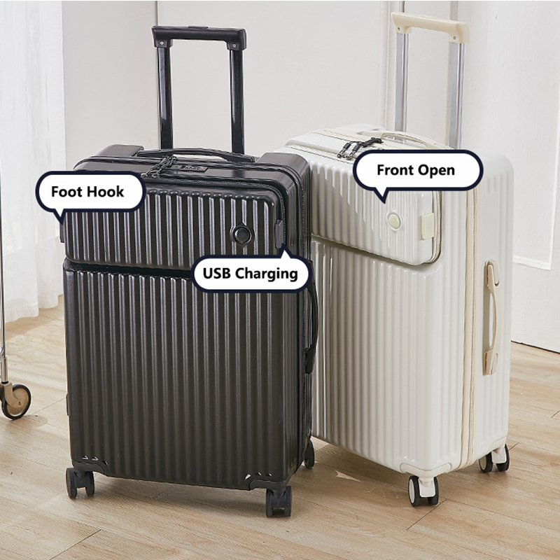 Hot Wholesale youth student boarding case suitcase with front pocket USB port case light universal luggage