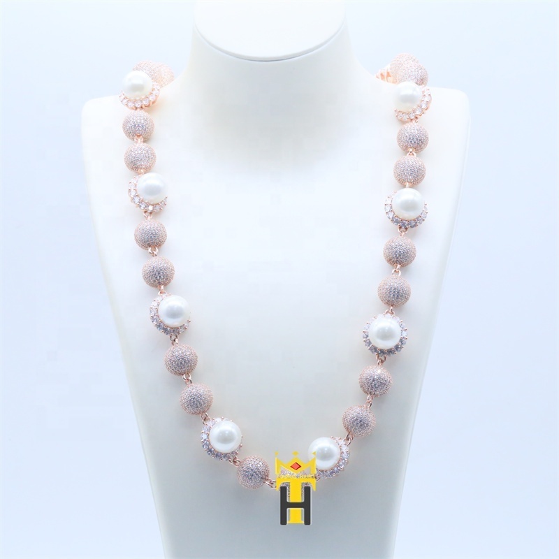 Tenghong jewelry custom big pearl necklace ball chain iced out beads pearl necklace