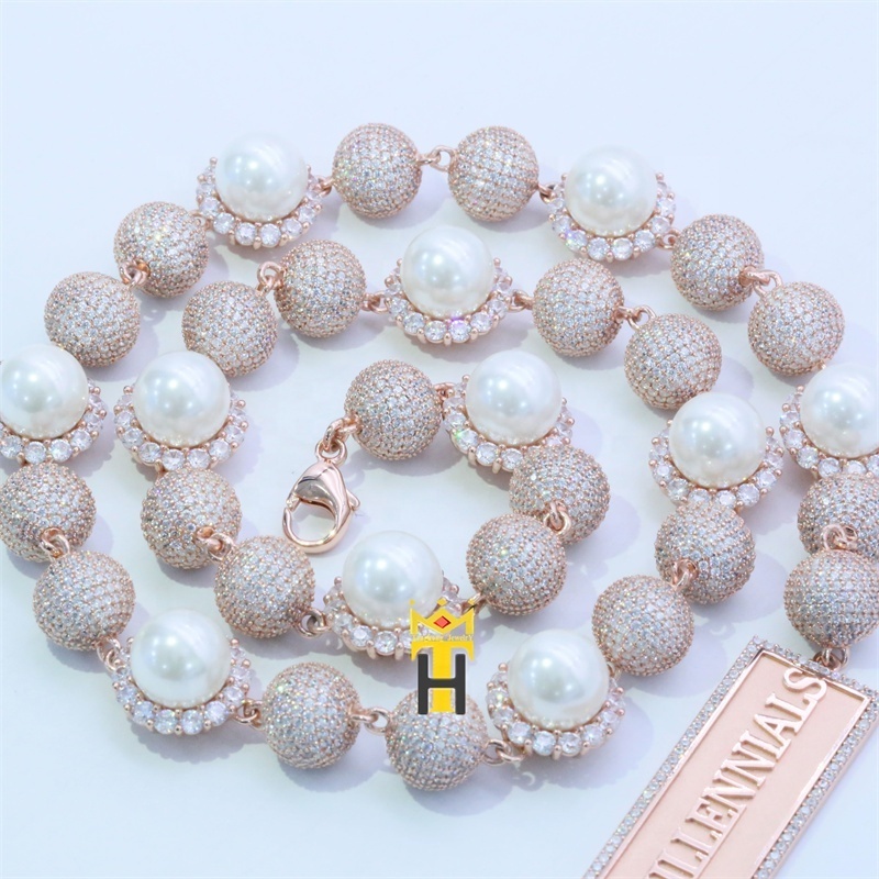 Tenghong jewelry custom big pearl necklace ball chain iced out beads pearl necklace