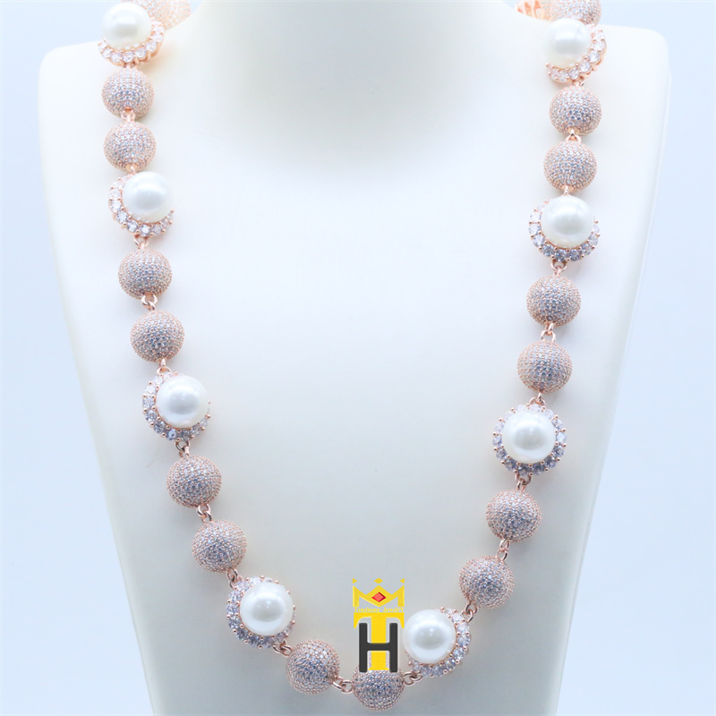 Tenghong jewelry custom big pearl necklace ball chain iced out beads pearl necklace