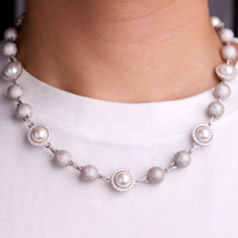 Tenghong jewelry custom big pearl necklace ball chain iced out beads pearl necklace