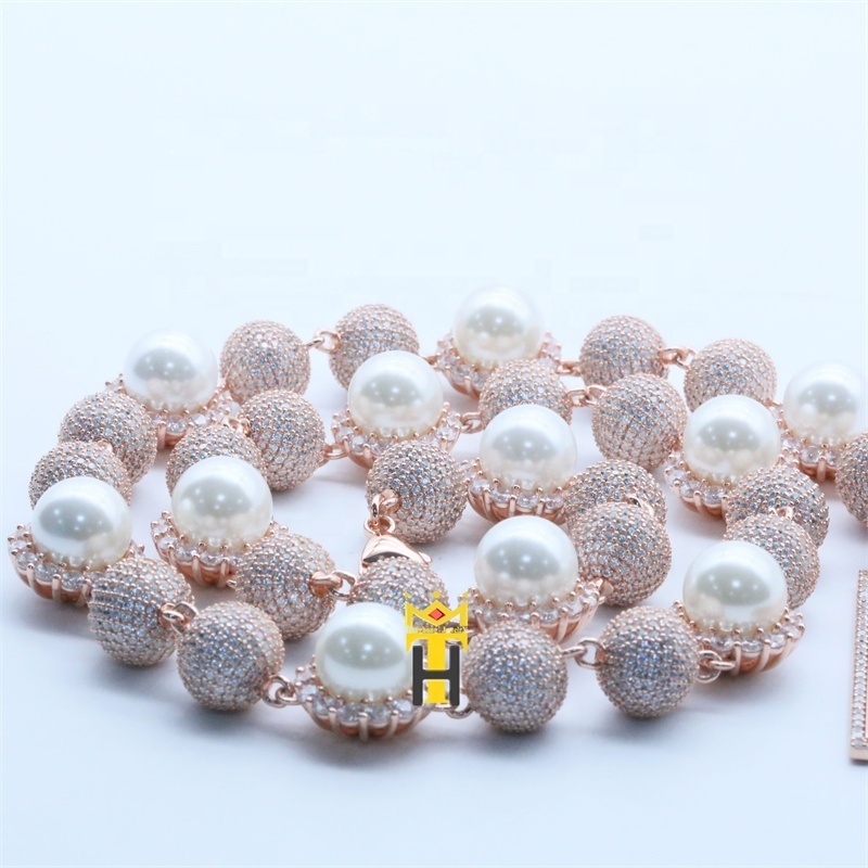 Tenghong jewelry custom big pearl necklace ball chain iced out beads pearl necklace