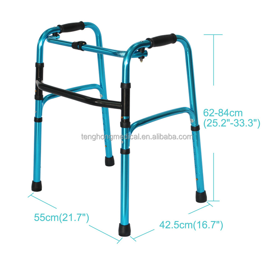 Medical Custom colored aluminum frame Lightweight one button folding 4 Legs adjustable height walker for kids