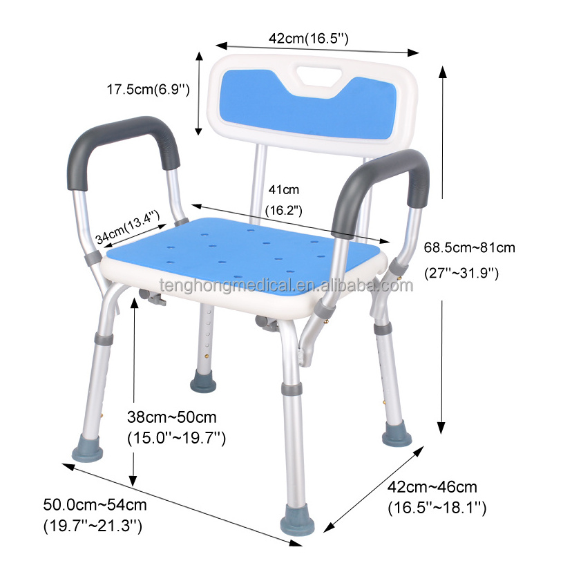 Elderly Health care products 300lbs Heavy Duty Welding Aluminum Frame Shower Chair With Back & EVA Arms