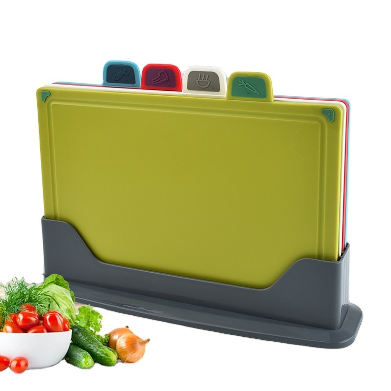 Color-Coded Kitchen Cutting Board Set of 4 with Storage Stand Plastic Chopping Board Set for Multi Usage