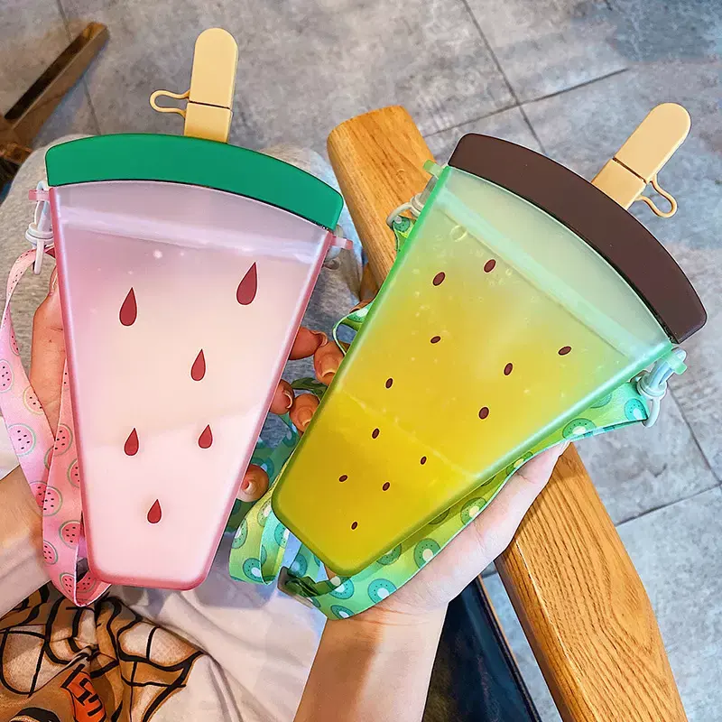 Ins Fruit Plastic Straw Bottle With Back Strap Rope Casual Summer Creative Popsicle Drink Cup