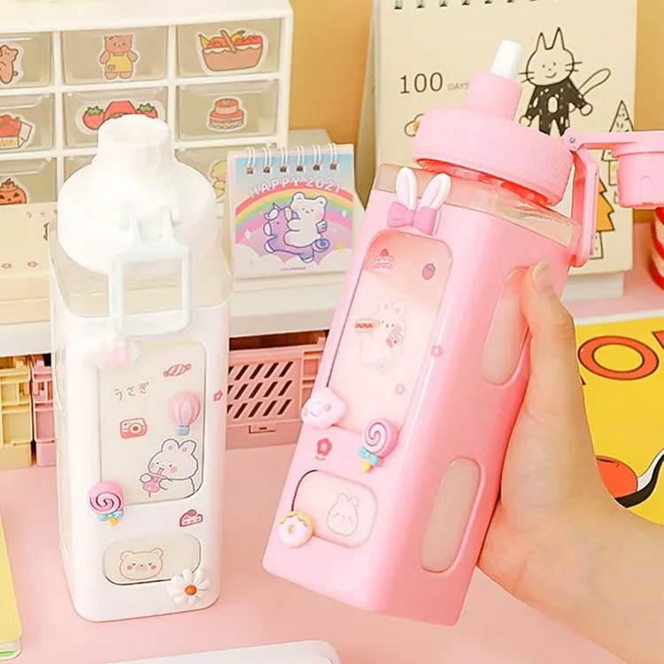 Hot Selling  Water Bottle With 3D Sticker 700ml/900ml Plastic Tea Juice Milk Portable Cute Shaker Drink Bottle Gift