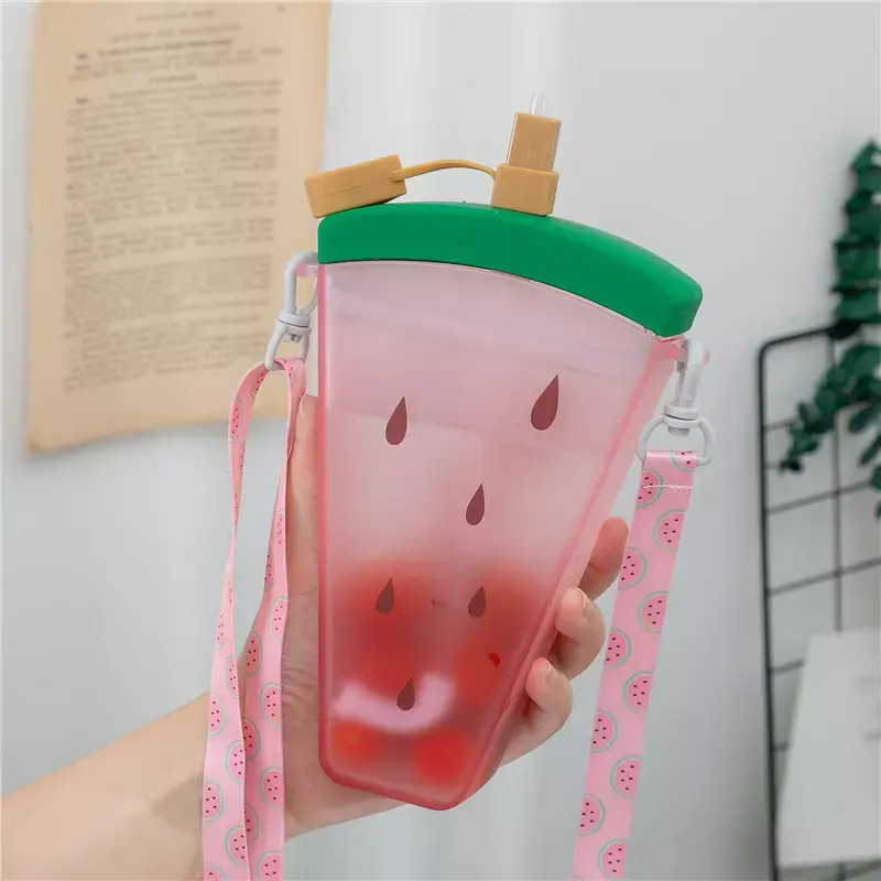 Ins Fruit Plastic Straw Bottle With Back Strap Rope Casual Summer Creative Popsicle Drink Cup