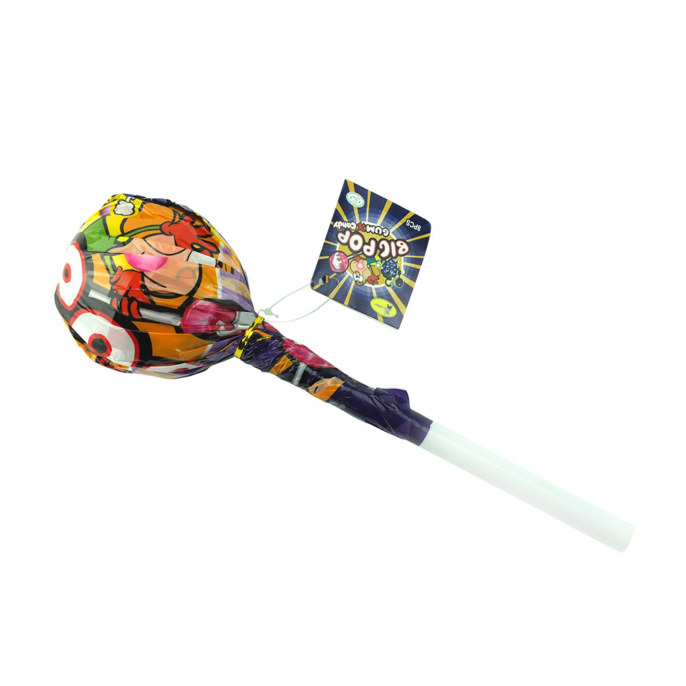 New item big bom lollipop 8pcs  fruit  lollipop with bubble gum filling in one big lollipop shape plastic container