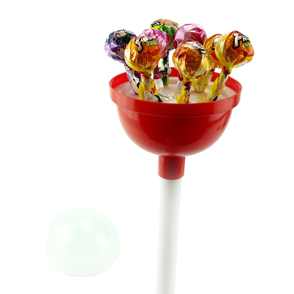 New item big bom lollipop 8pcs  fruit  lollipop with bubble gum filling in one big lollipop shape plastic container