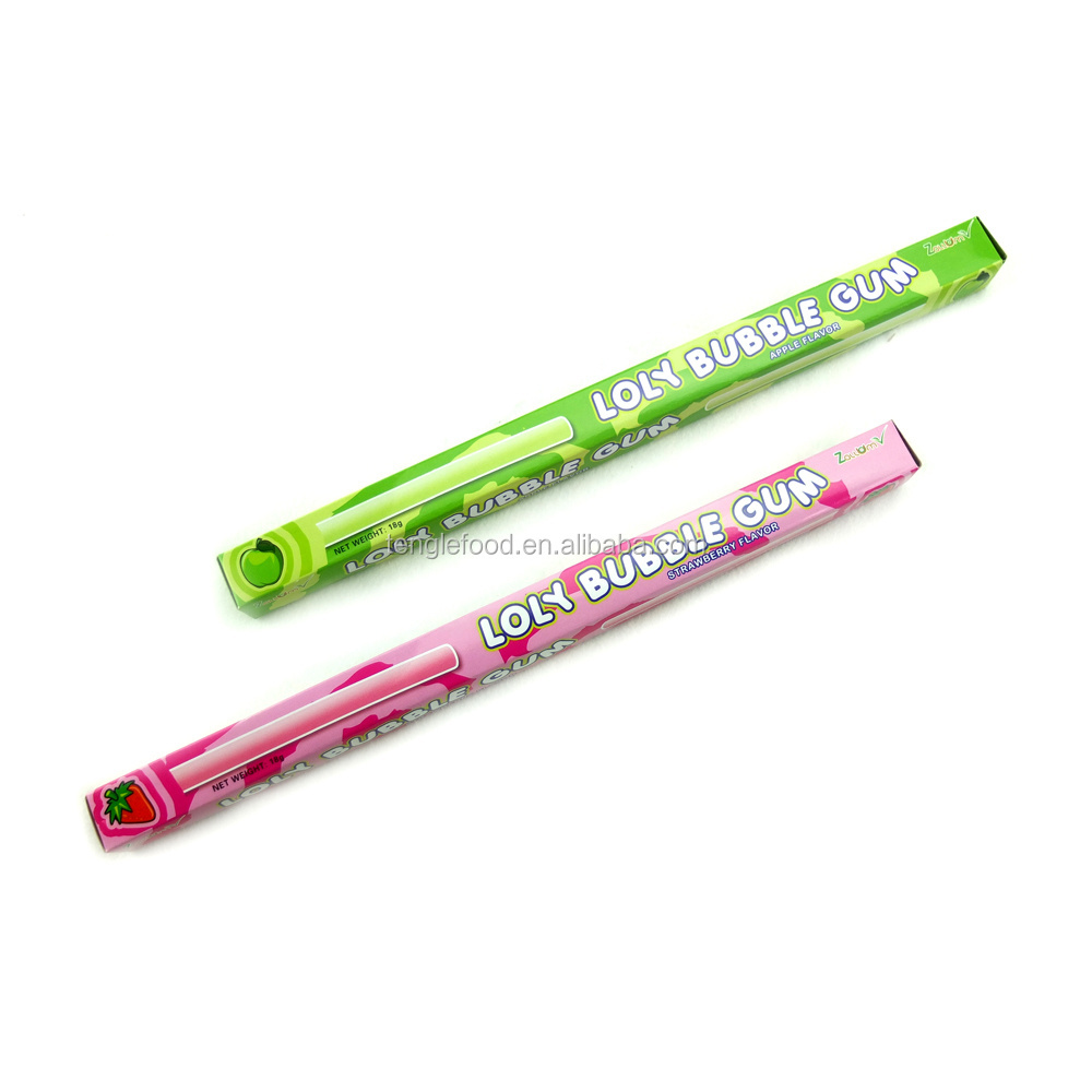 BG-032 Hot selling box packing LOLY apple and strawberry fruit flavor long stick center filled bubble gum