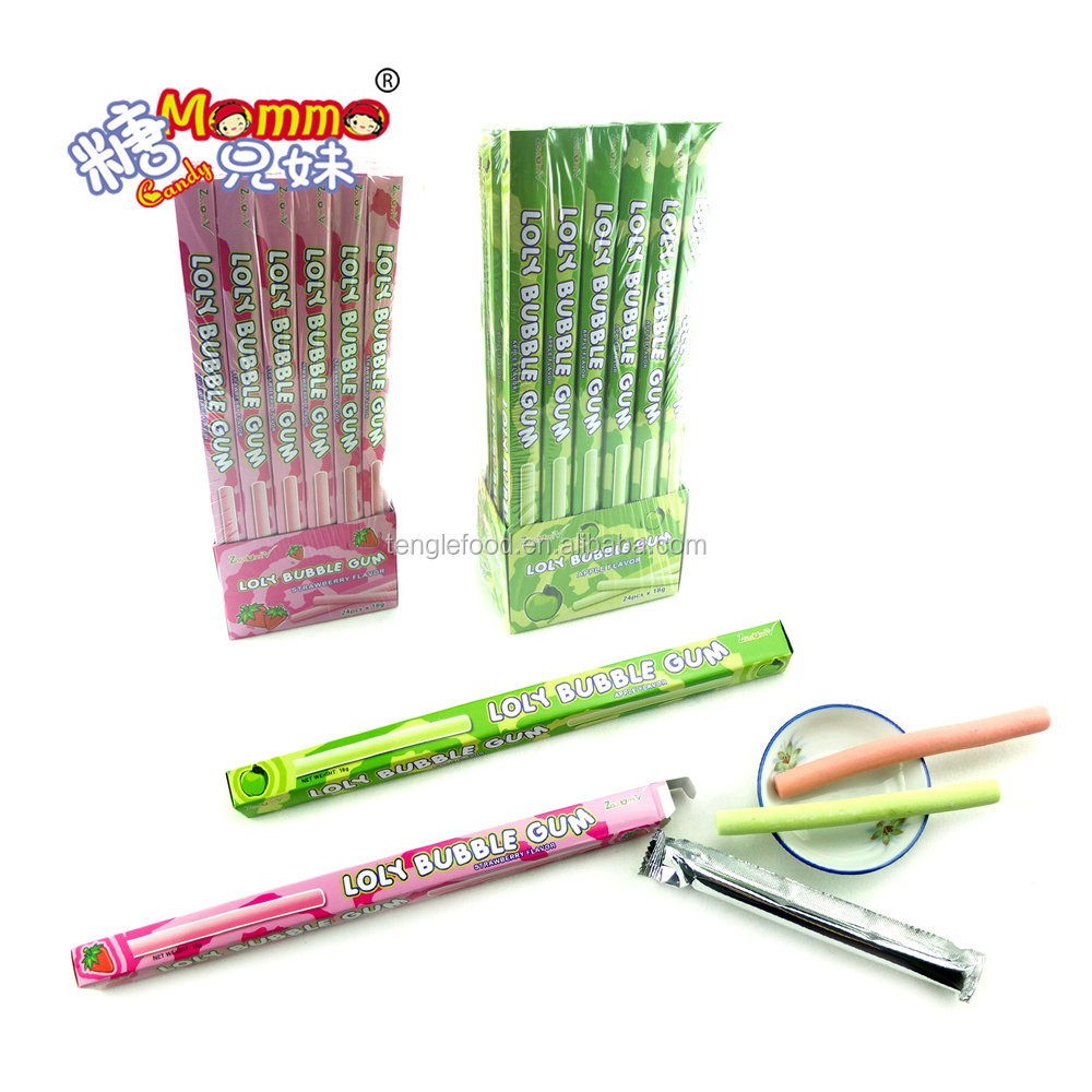 BG-032 Hot selling box packing LOLY apple and strawberry fruit flavor long stick center filled bubble gum