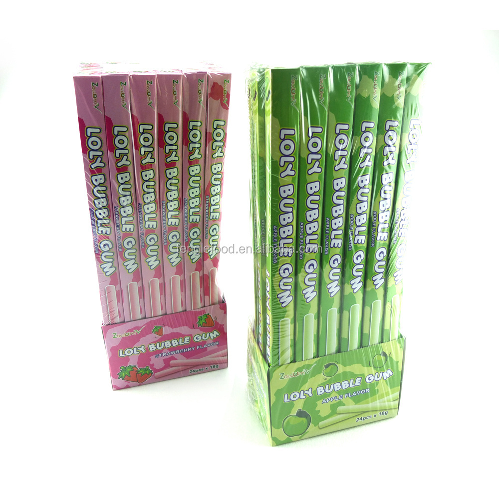 BG-032 Hot selling box packing LOLY apple and strawberry fruit flavor long stick center filled bubble gum