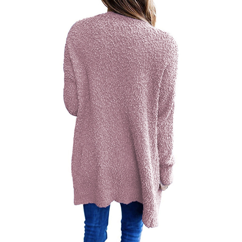 Autumn New Pink Boutique Women Knitted Long Popcorn Cardigan with Pockets